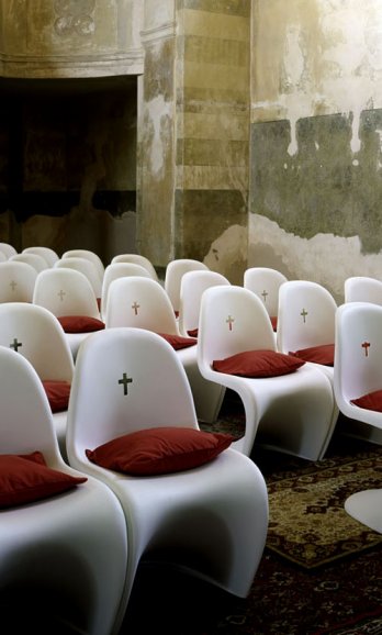 Verner Panton/Panton chairs_St. Bartholomew's Church by QUBUS in the village of Chodovice, Eastern Bohemi