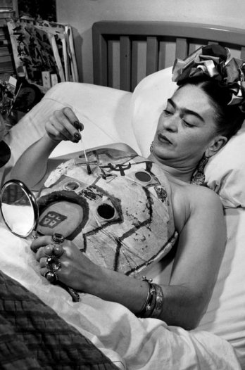 Frida Kahlo in a hospital bed, drawing her corset with help of a mirror, 1951_Collection Galeria Lpez Quirog_Juan Guzmn