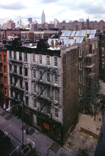 Solar collectors installed on roof top at 519 East 11th Street, NYC, ca. 1976. Jon Naar