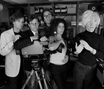 WARHOL TV/Andy Warhol, and Andy Warhol with his team. From left to right- Don Munroe, Vincent Fremont, Jay Shriver, Sue Etkin. New York, 1985. Photographer- Christopher Makos